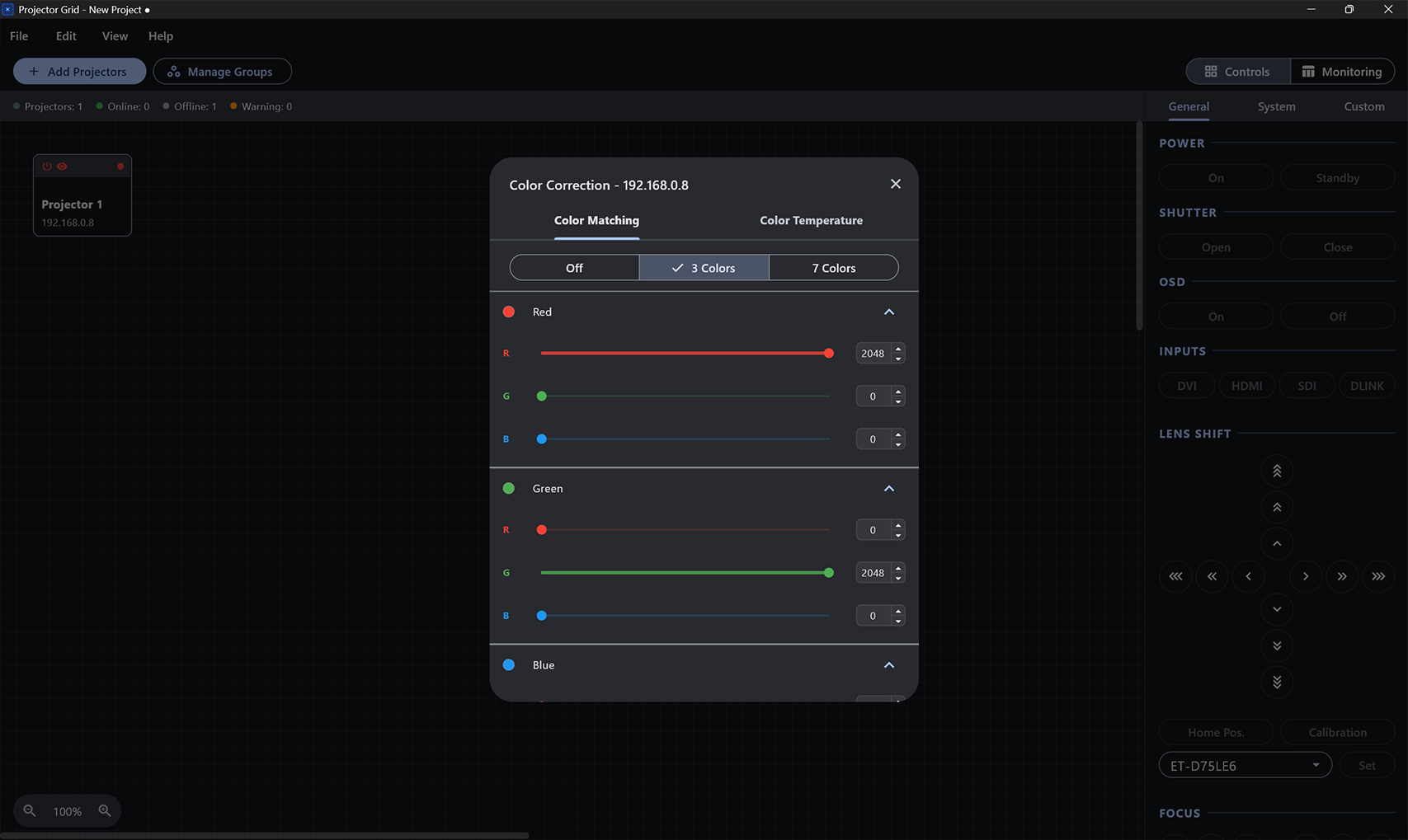 Color correction dialog with RGB sliders and color temperature controls