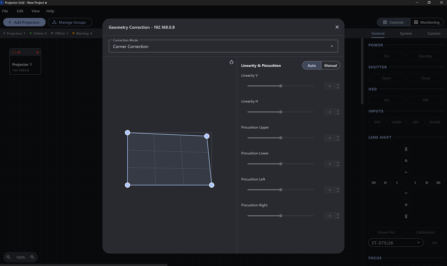 Geometry correction dialog with corner handles and pincushion sliders