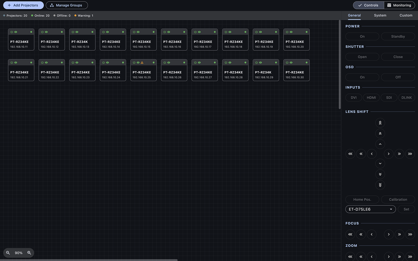 Projector Grid — multi-projector control view showing a grid of connected projectors