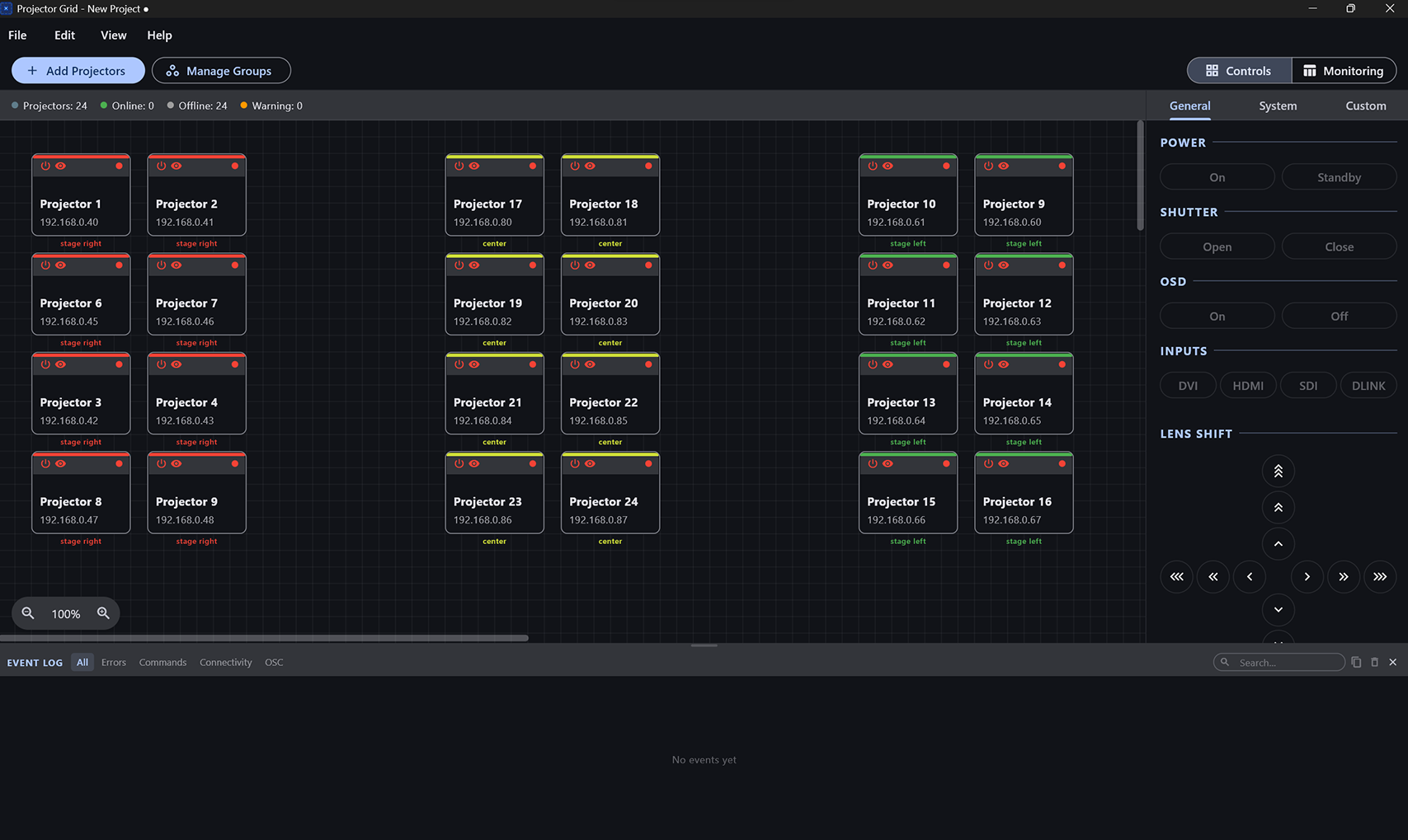 Projector Grid control view showing a large grid of connected projectors
