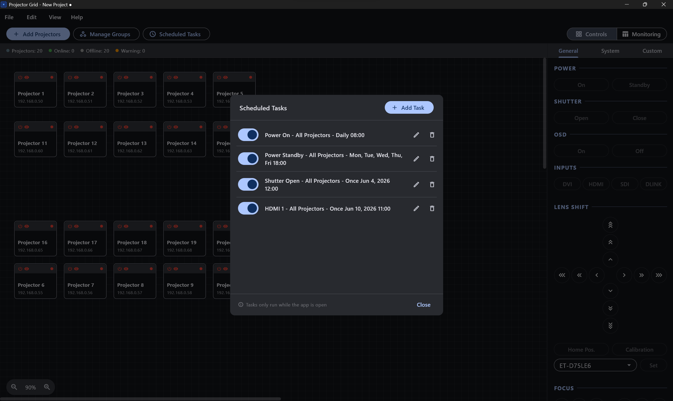 Scheduled tasks dialog showing power and shutter commands configured to run at specific times